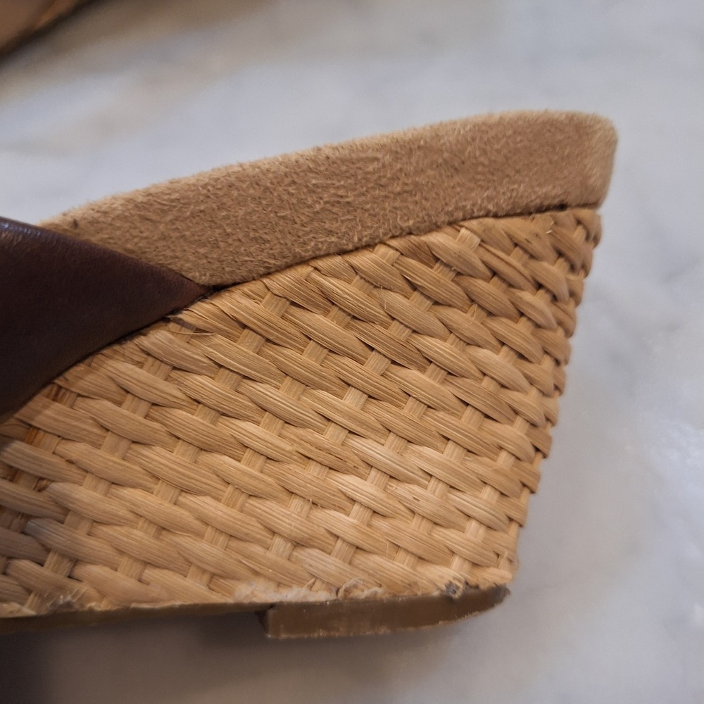 Tribeca Wedge Sandals Women 9.5 Brown Leather Woven Straw Central Park Slides - Picture 9 of 10